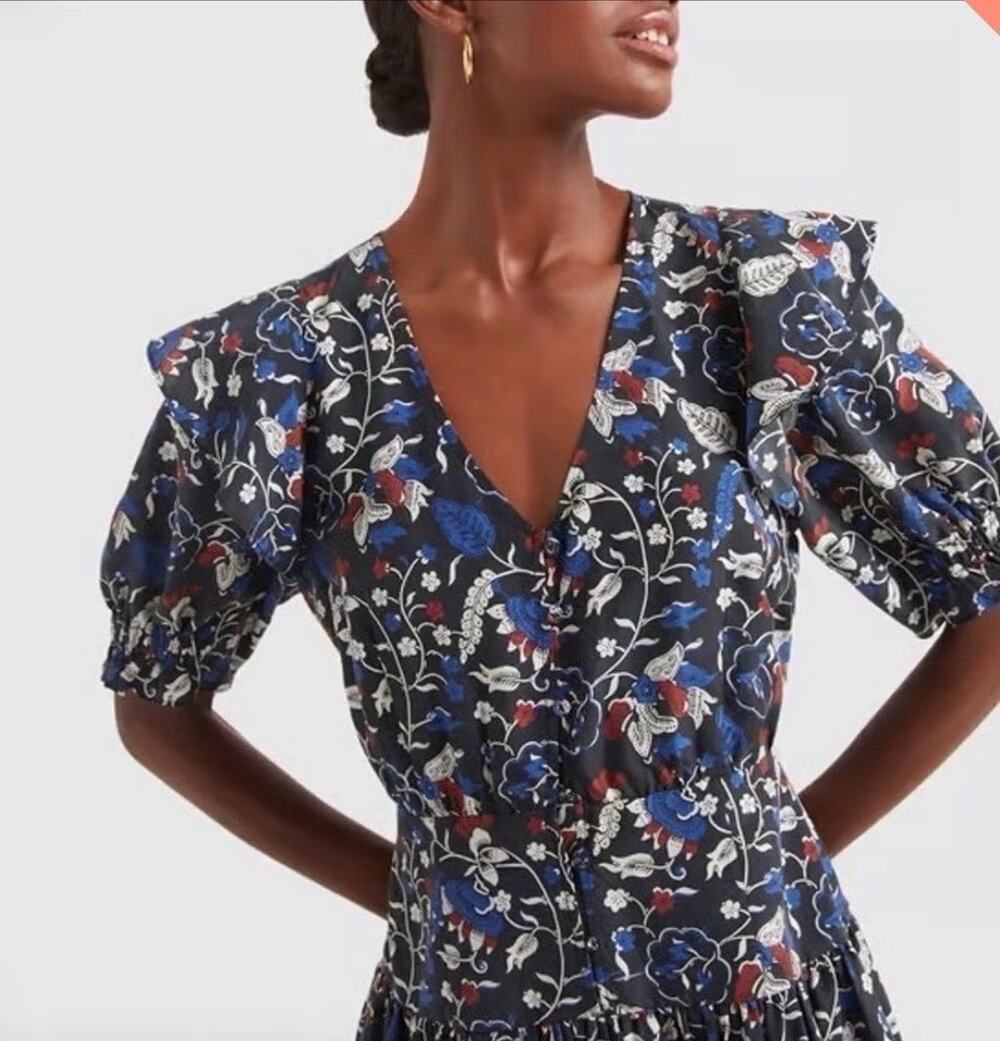 Apiece Apart Santa Cecilia Maxi Dress Size 10 Gray Floral V-Neck Puff Sleeve